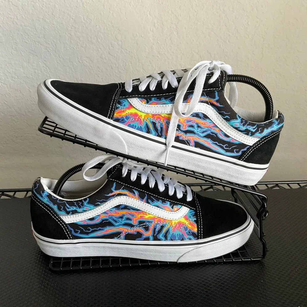 Vans Old Skool Black Multi Color Lightning Flame Skate Shoes Mens 9.5 Womens 11